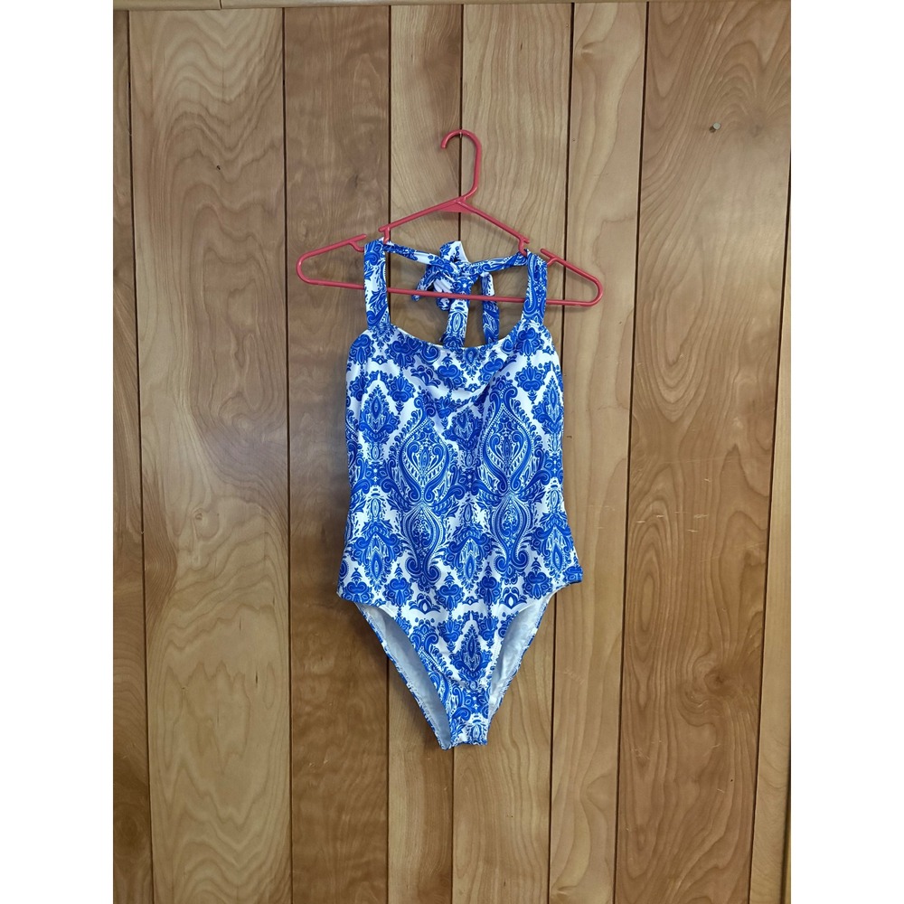 Blue White Paisley Halter One Piece Swimsuit Women XL Boho High Cut Bathing Suit